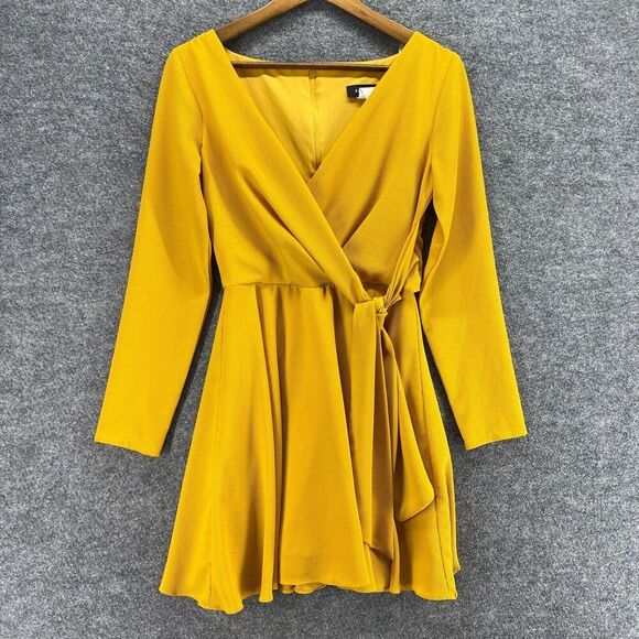 B. Darlin Dress Women 5/6 Yellow Sheath Short V-Neck Belted Zipper Lined Casual - Picture 1 of 8